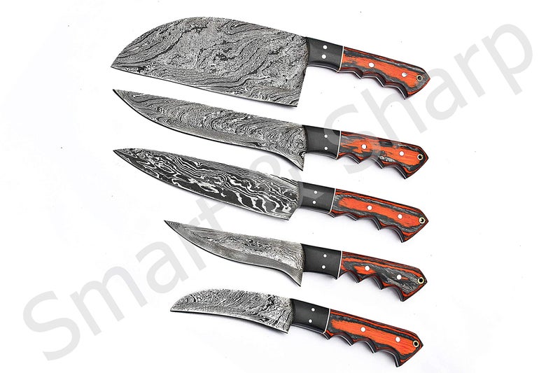 Smart & Sharp Custom Handmade Damascus Chef Knives Set/Kitchen Knives 5 Pieces Set SS-17211 (Orange and Black Color Wood) - Image 5